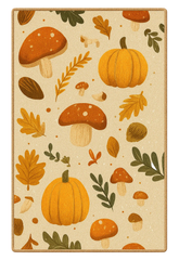 Pumpkin and mushroom fall harvest rug in orange and green tones.